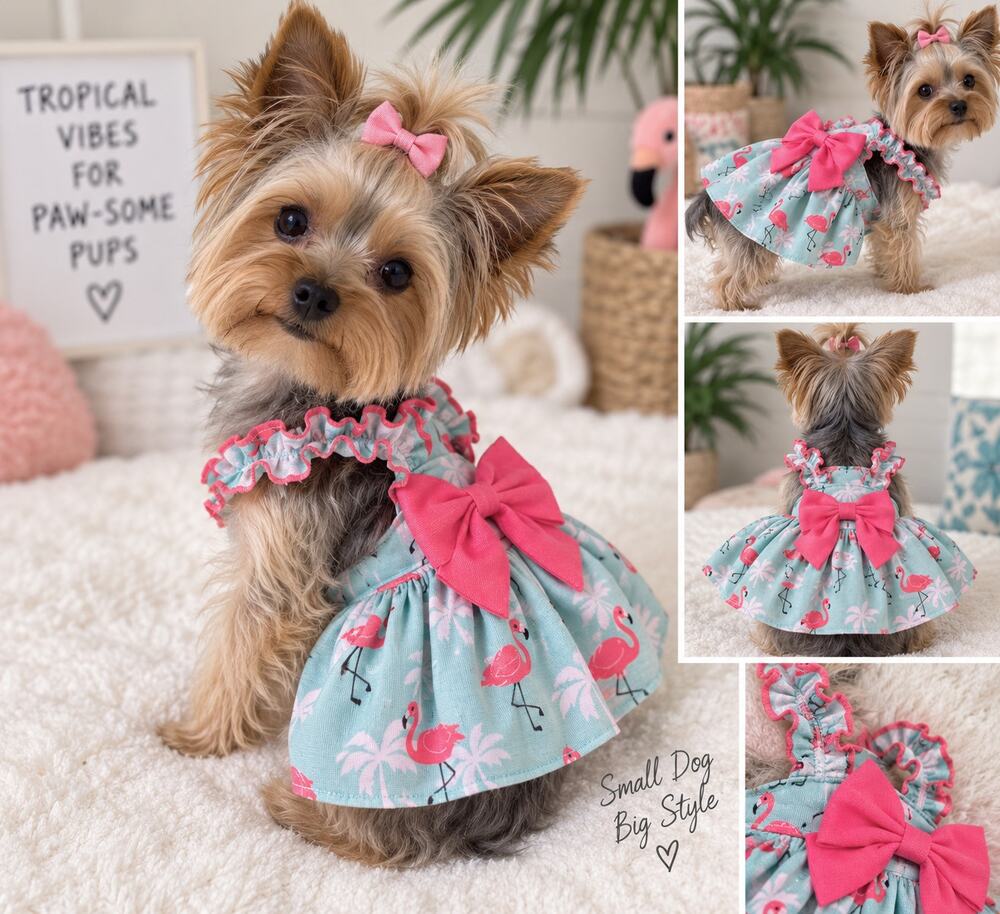ShimmieWoo Dog Dress Flamingo Tropical Pink Bow Pet Outfit